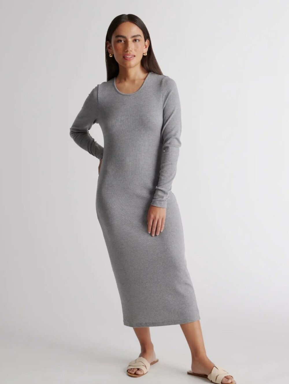 Quince Tencel Rib Knit Long Sleeve Dress Women Medium Gray Midi Slit Minimalist
